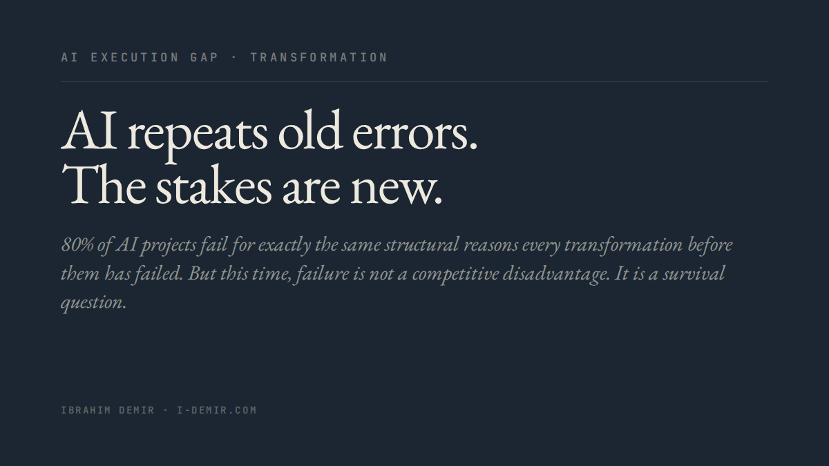 Statement: AI repeats old transformation errors but the stakes are fundamentally different — failure is now a survival question.